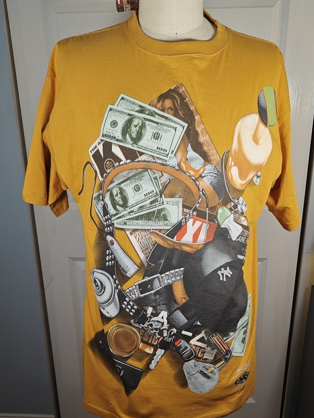 NWT GiveMeFace Mens XL Mustard Yellow Y2K Graphic Tee Heavyweight Cotton